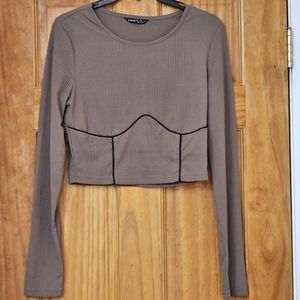Shein Women's Brown Ribbed Long-Sleeve Cropped Top, Size L